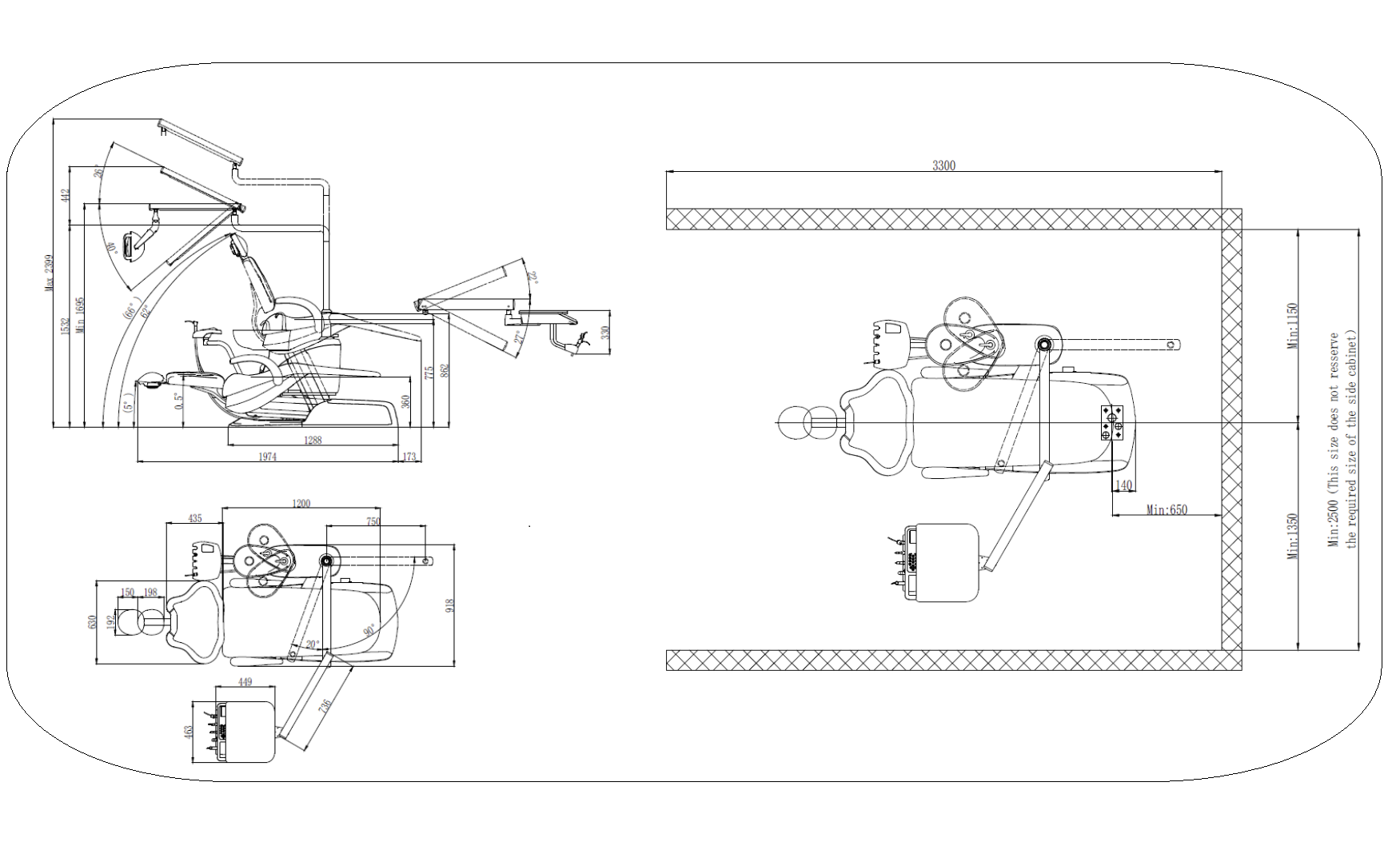 Technical drawing of the Ajax Medical dental chair system with labelled components