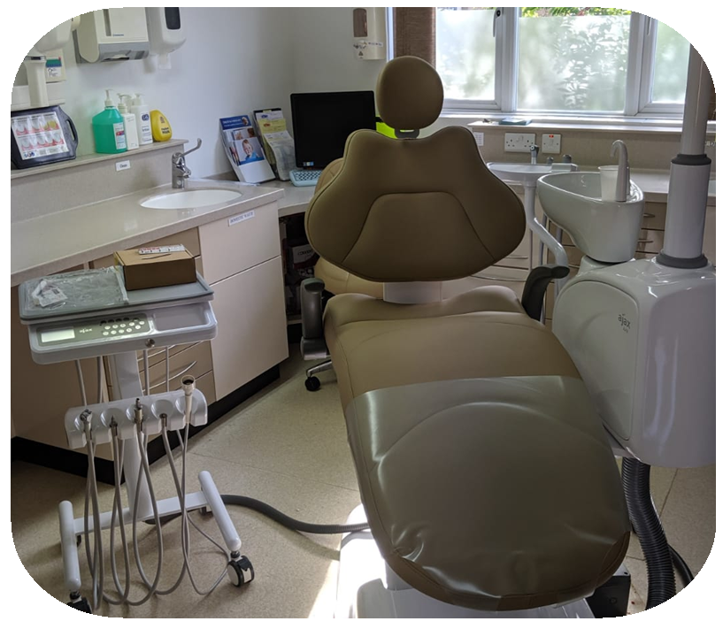 Dental office chair and equipment in a clinical setting