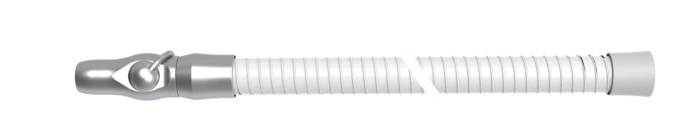 White dental suction hose with a metal fitting on a white background