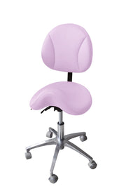 Pink saddle chair with a white background