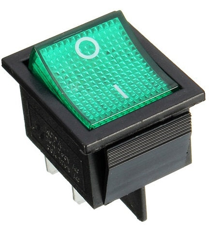 Green illuminated rocker switch on a white background