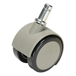 Gray caster wheel with a black rubber rim on a white background