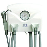 Dental treatment unit with multiple nozzles and a pressure gauge on a white background