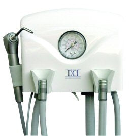 Dental treatment unit with multiple nozzles and a pressure gauge on a white background