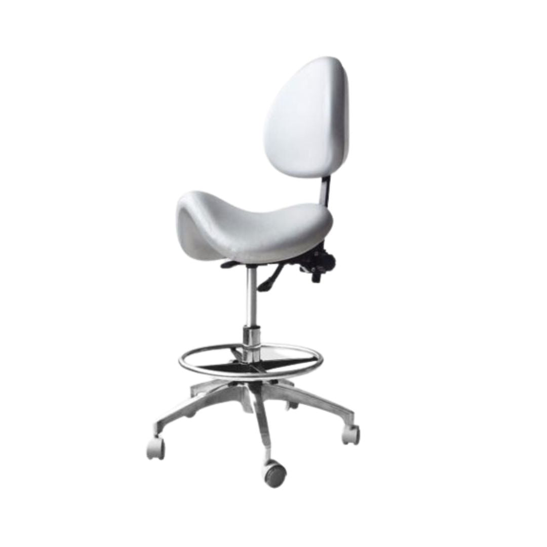 White saddle chair with a metal base on a white background