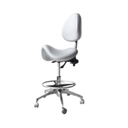 White saddle chair with a metal base on a white background