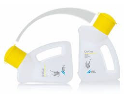 Two bottles of cleaning solution with yellow caps on a white background