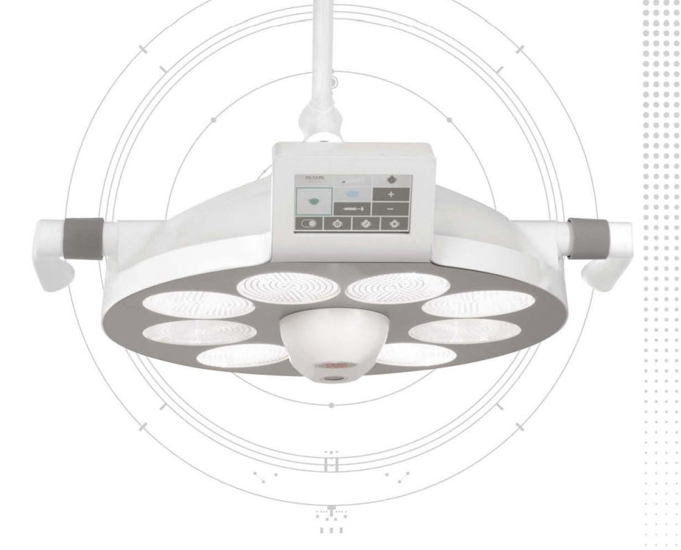 Hanging surgical light with control panel on a white background