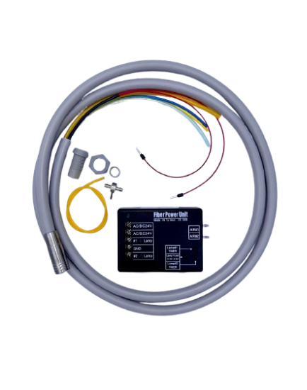 Fiber optic cable and power module kit on a white background