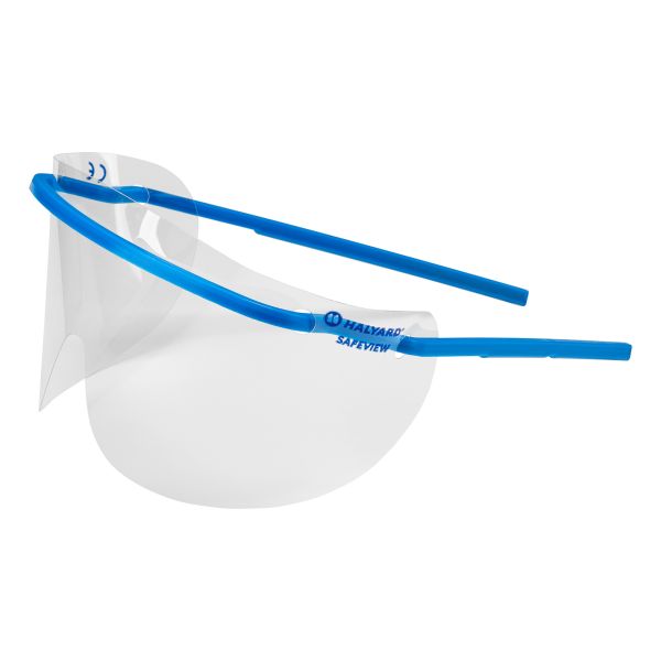 Clear medical glasses with blue headband on a white background