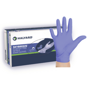 Blue glove and Halyard Skybreeze packaging on a white background