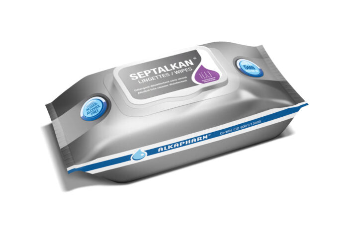 Pack of Septalkan disinfectant wipes with Alkapharm branding on a white background