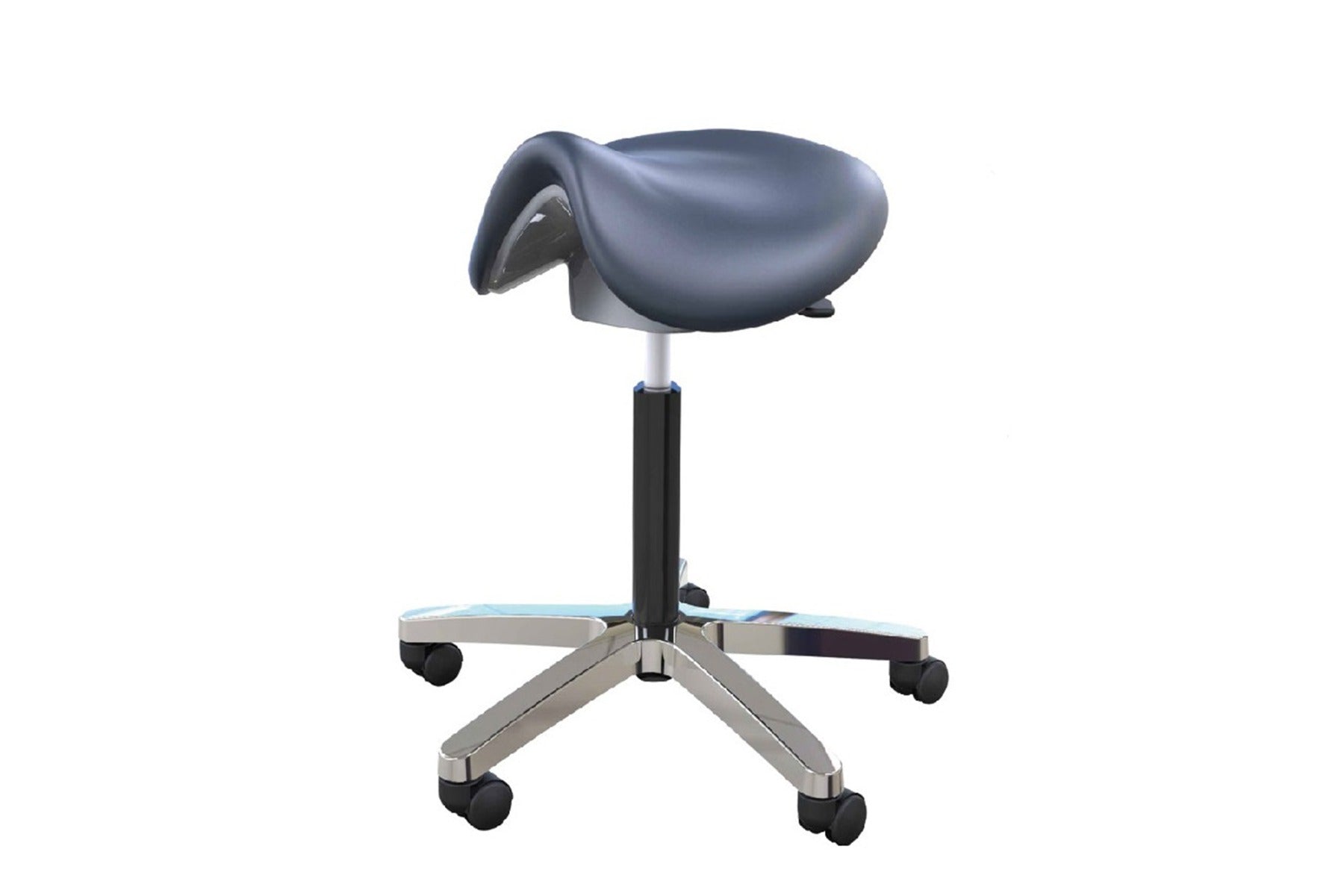 Saddle-style stool with a gray seat on a white background