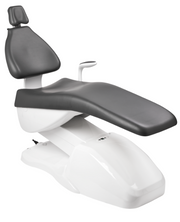 Dental chair with gray seat and white base on a white background