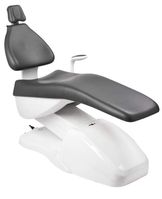 Dental chair with gray seat and white base on a white background