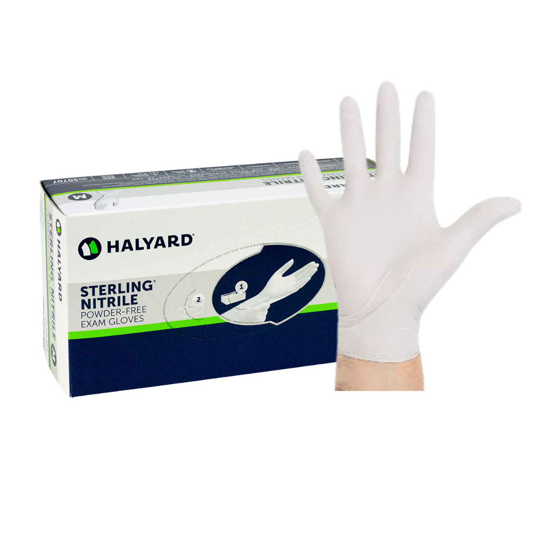 White nitrile exam glove with Halyard branded packaging on a white background