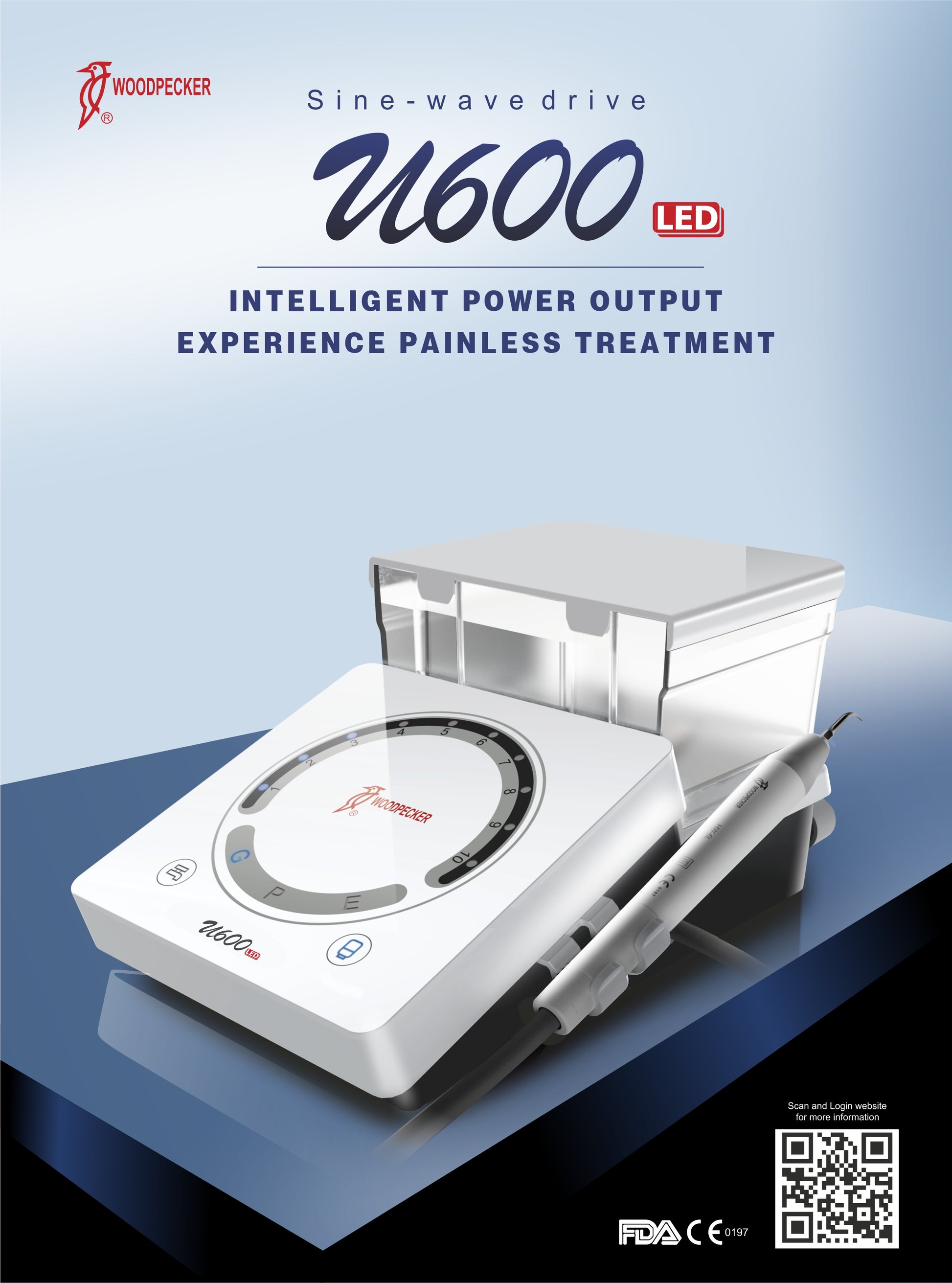 Woodpecker U600 LED scaler on a blue gradient background with branding and product features.