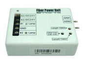 Fiber power unit with labeled ports and specifications on a white background