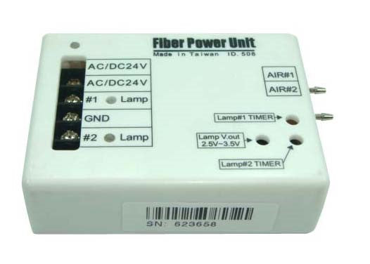 Fiber power unit with labeled ports and specifications on a white background